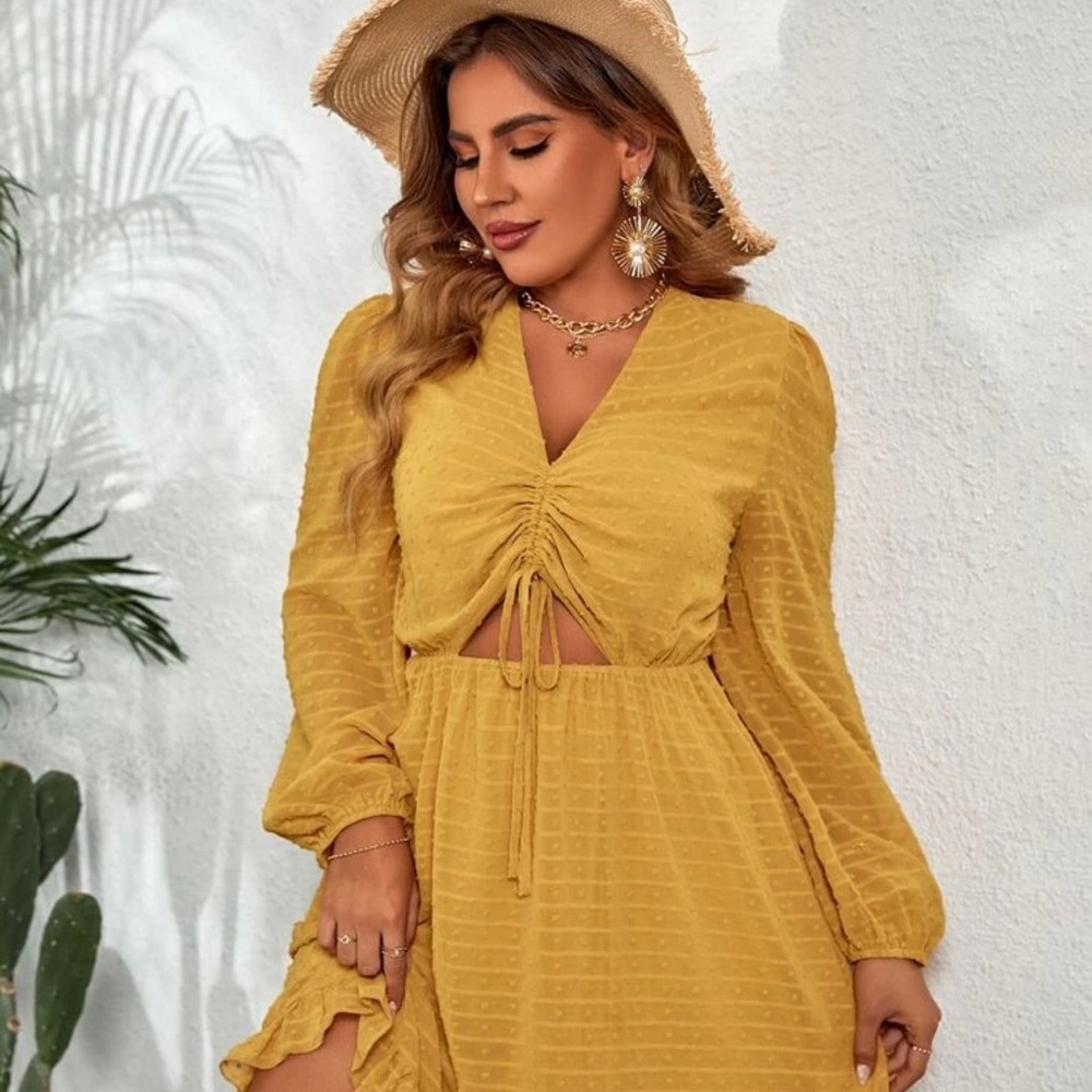 Plus Swiss Dot Cut Out Drawstring Front Bishop Sleeve Dress